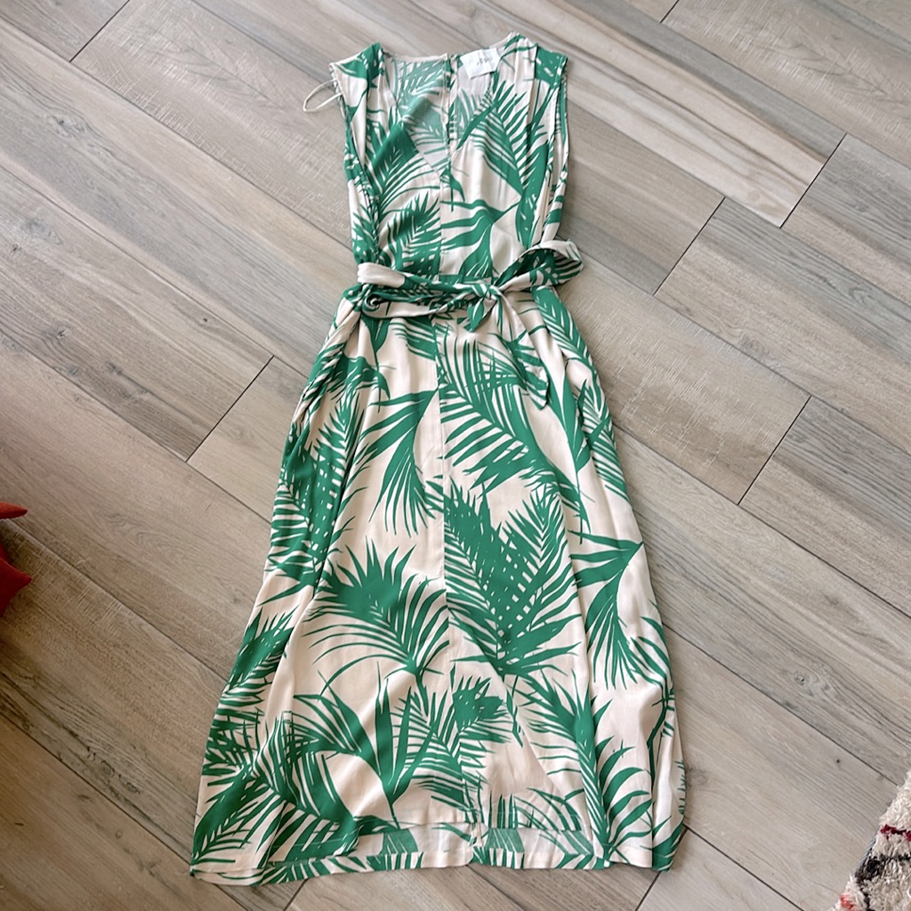 Tan & Green Palm Leaf Print Dress With Tie